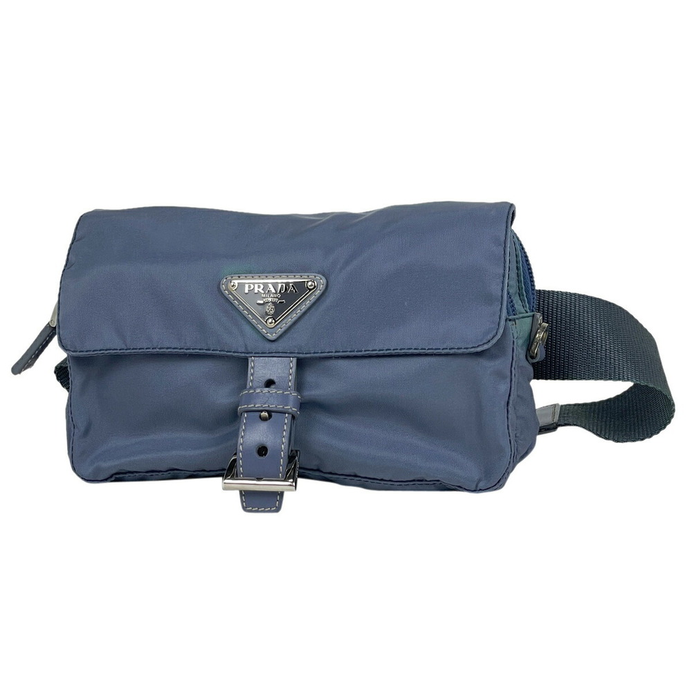 Prada Logo Plate Waist Bag Clutch Body Bum Crossbody Belt Blue